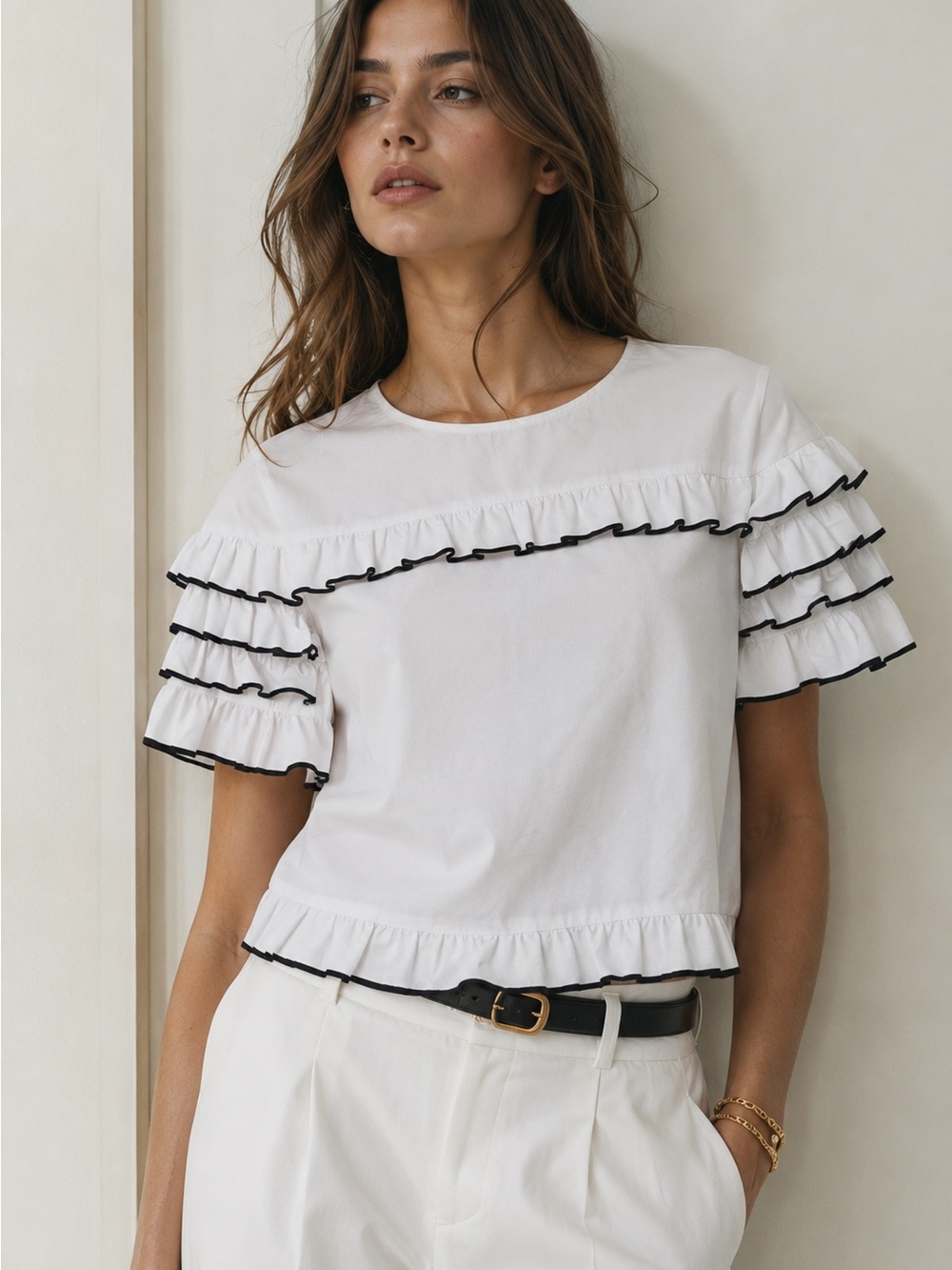 Zara White Short-Sleeve Ruffle Top with Black Trim